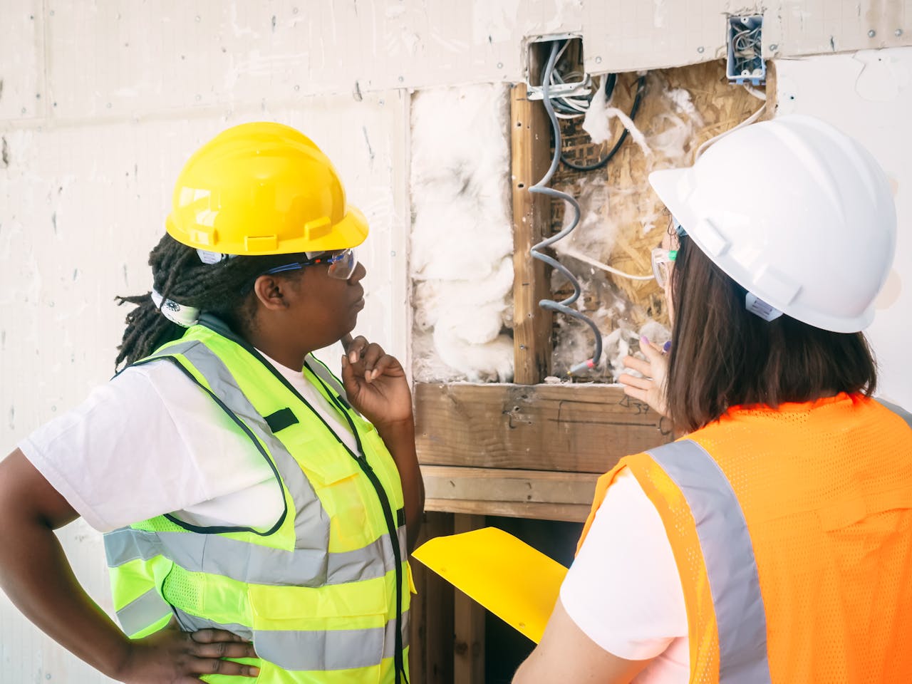 two people inspecting a wall